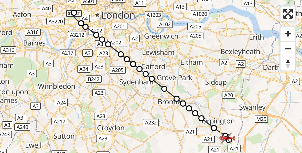 Flight route Air Ambulance Helicopter City of Westminster - Ramsden, 29 May 2026, 10:59