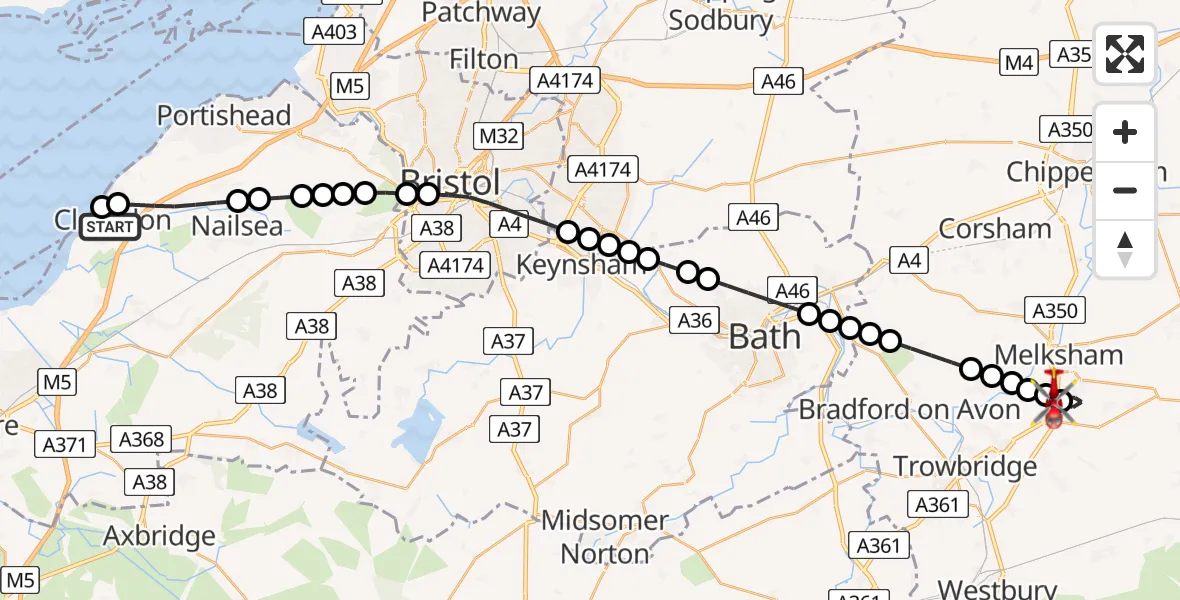 Flight route Air Ambulance Helicopter Clevedon - Melksham, 29 May 2026, 11:22