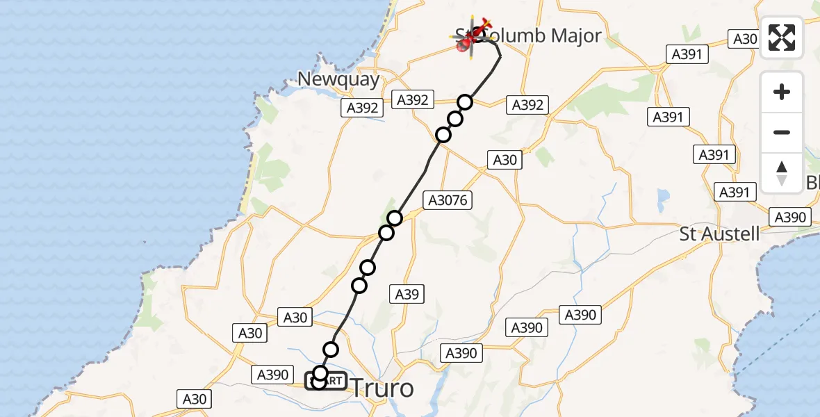 Flight route Air Ambulance Helicopter Treliske Hospital - Cornwall Airport Newquay, 29 May 2026, 11:23