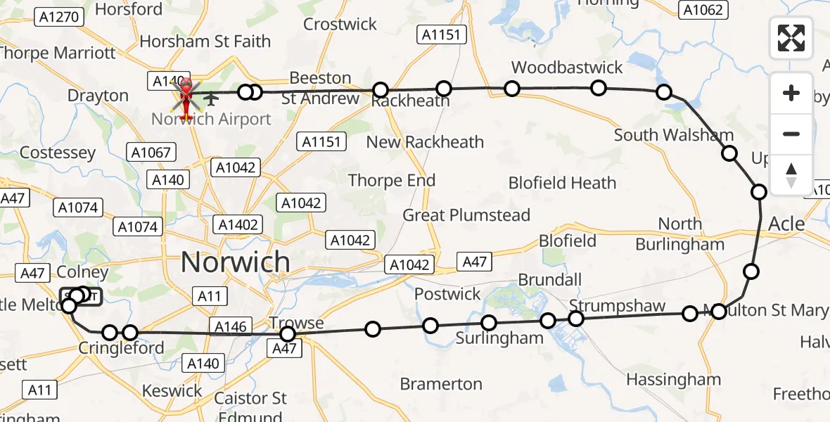 Flight route Air Ambulance Helicopter Norfolk & Norwich Hospital - Norwich Airport, 29 May 2026, 11:24
