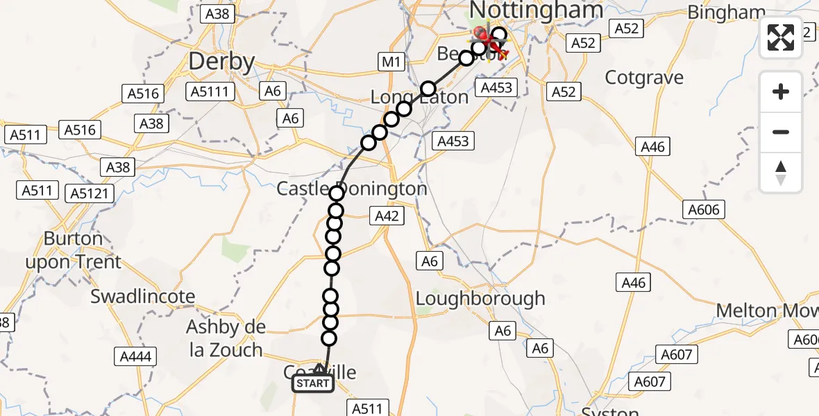 Flight route Air Ambulance Helicopter Coalville - Beeston, 29 May 2026, 11:26
