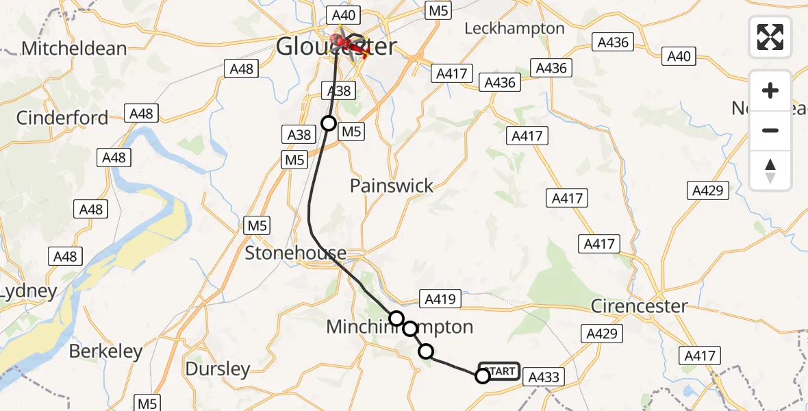 Flight route Air Ambulance Helicopter Rodmarton - Gloucester, 29 May 2026, 11:37