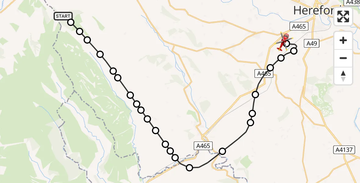 Flight route Air Ambulance Helicopter Cusop - Broadmeadow Farm Airstrip, 29 May 2026, 11:41