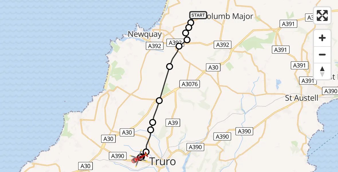 Flight route Air Ambulance Helicopter Cornwall Airport Newquay - Treliske Hospital, 29 May 2026, 11:44