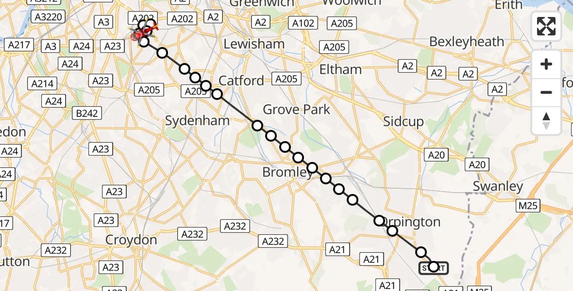 Flight route Air Ambulance Helicopter Goddington - Kings College London Hospital, 29 May 2026, 11:44