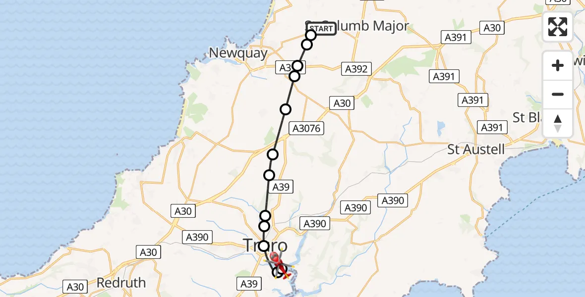 Flight route Air Ambulance Helicopter Cornwall Airport Newquay - Truro River, 29 May 2026, 11:48