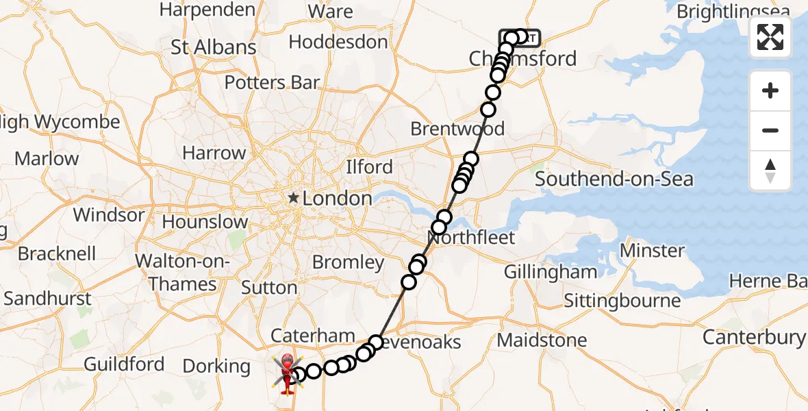Flight route Air Ambulance Helicopter Broomfield Hospital - Redhill Aerodrome, 29 May 2026, 11:54
