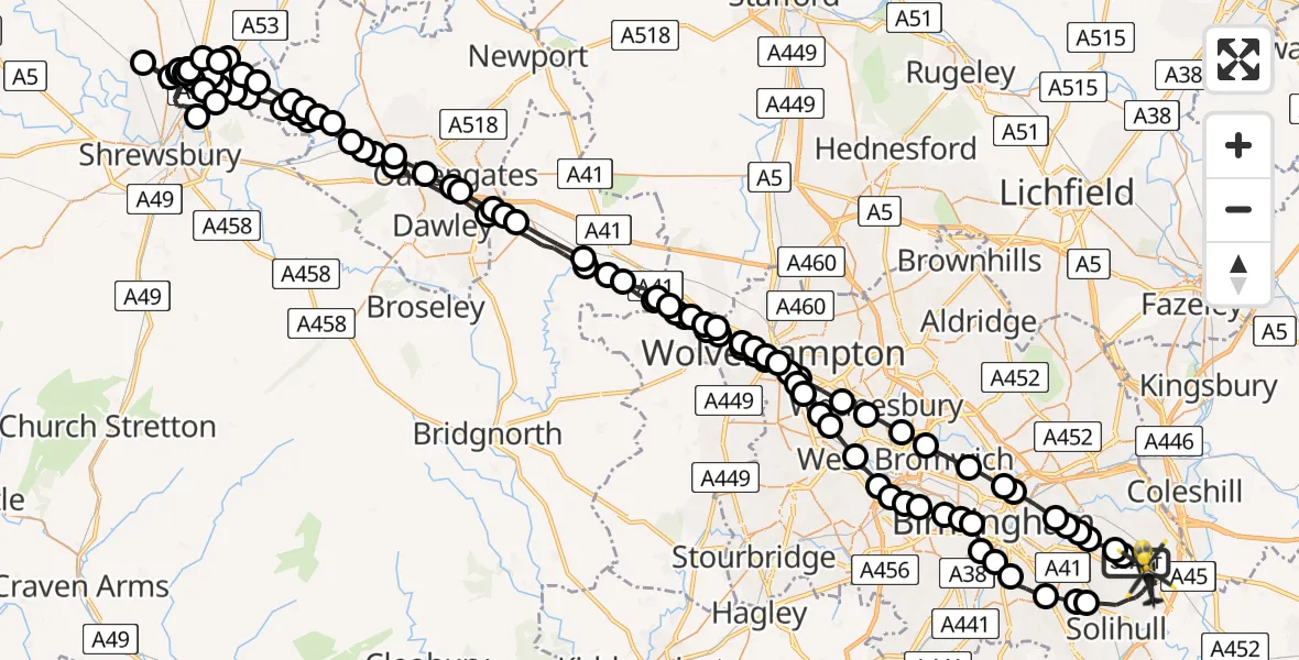 Flight route Police Helicopter Birmingham Airport - Birmingham Airport, 29 May 2026, 11:58