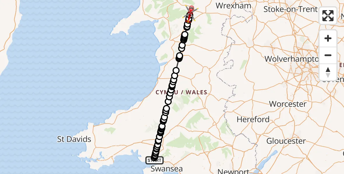 Flight route Air Ambulance Helicopter Dafen - Llandderfel, 29 May 2026, 12:13