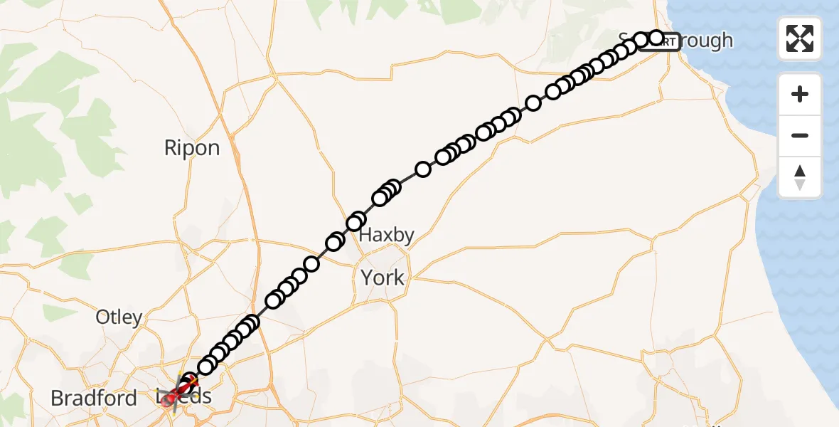 Flight route Air Ambulance Helicopter Scarborough - Woodhouse, 29 May 2026, 12:14