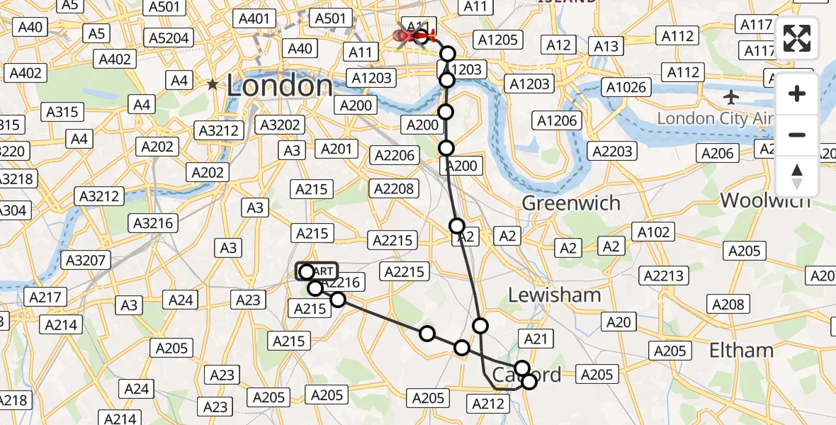 Flight route Air Ambulance Helicopter Kings College London Hospital - Royal London Hospital, 29 May 2026, 12:19