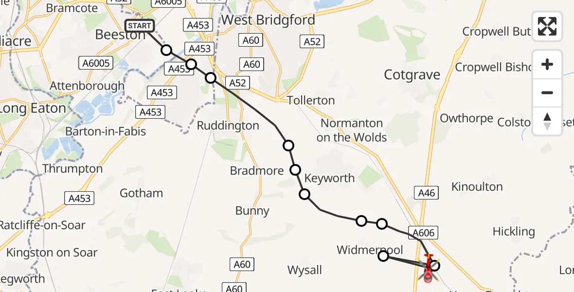 Flight route Air Ambulance Helicopter Beeston - Nottingham Heliport, 29 May 2026, 12:23