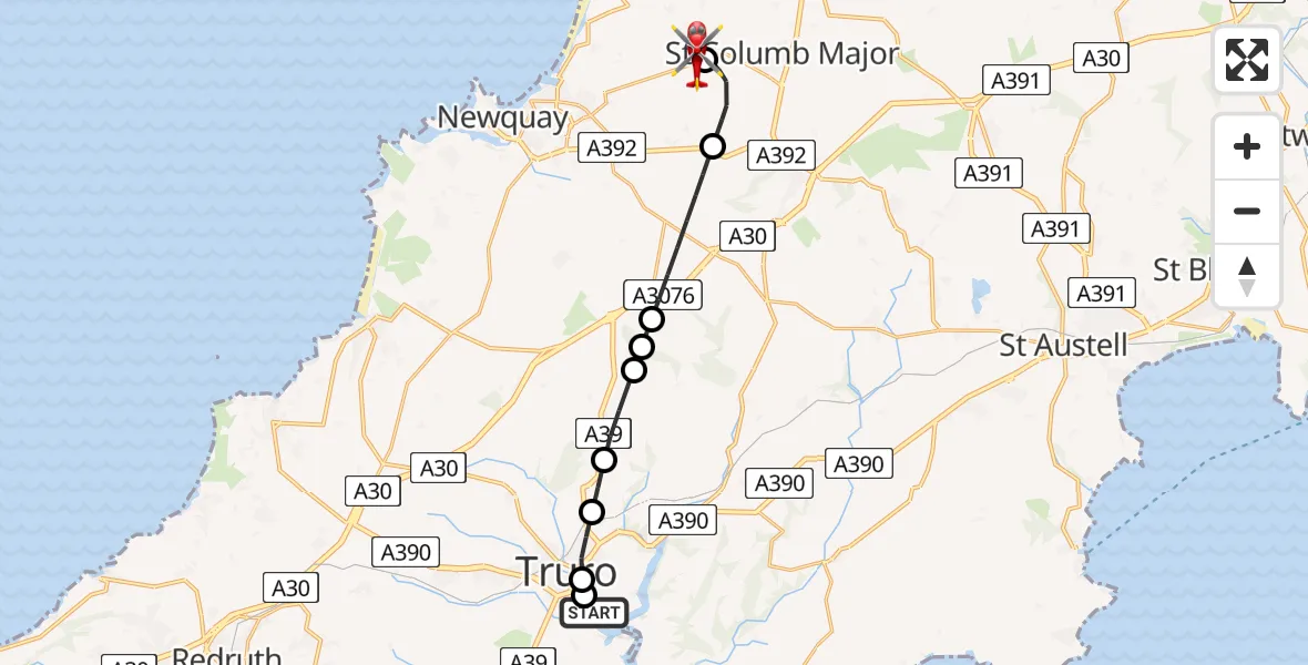 Flight route Air Ambulance Helicopter Truro - Cornwall Airport Newquay, 29 May 2026, 12:24