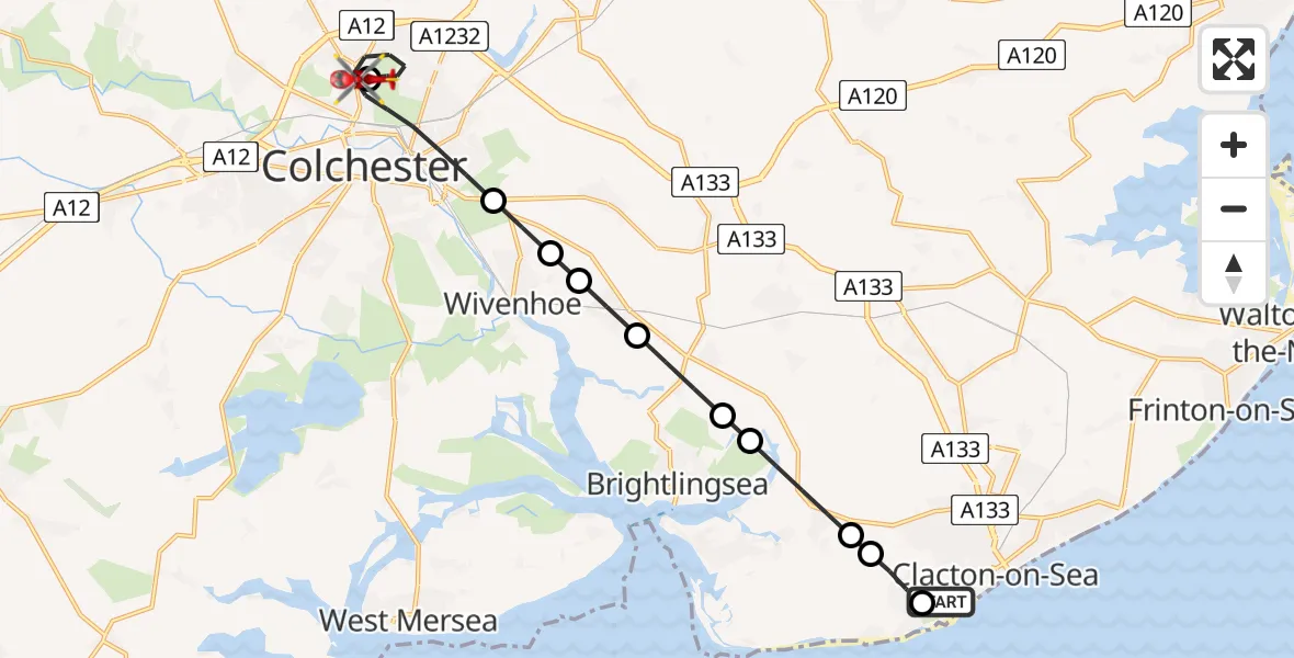 Flight route Air Ambulance Helicopter Clacton Airfield - Colchester Hospital, 29 May 2026, 12:30