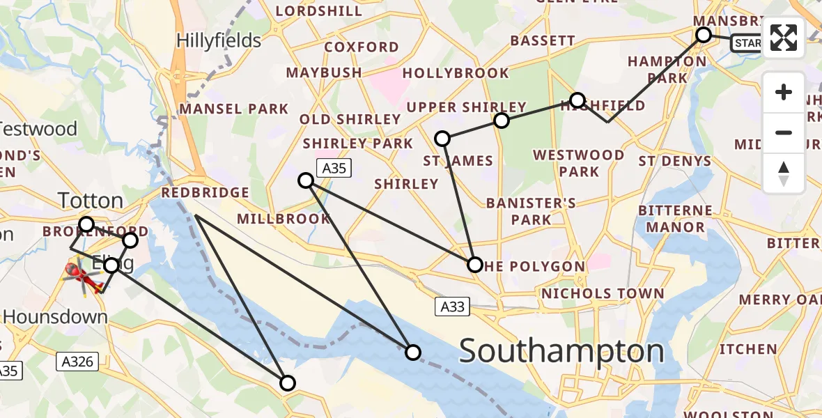Flight route Air Ambulance Helicopter Mansbridge - Eling, 29 May 2026, 12:38