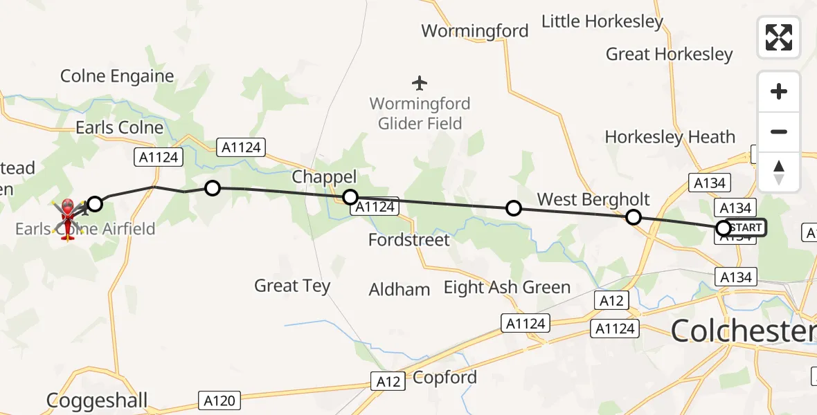 Flight route Air Ambulance Helicopter Colchester Hospital - Earls Colne Airfield, 29 May 2026, 12:52