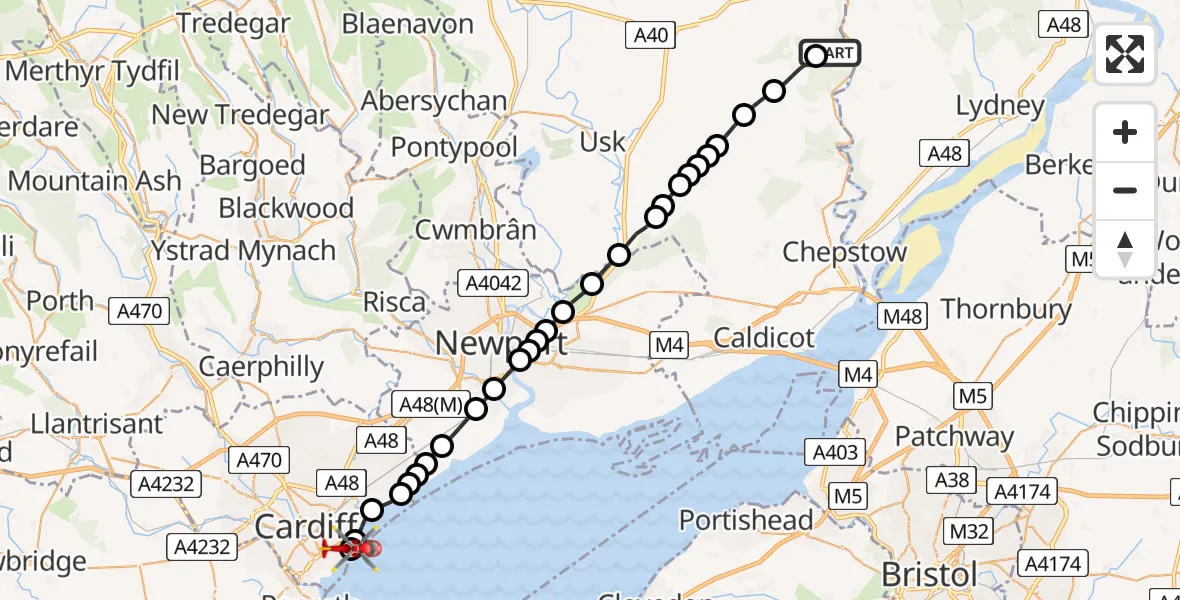 Flight route Air Ambulance Helicopter The Narth - Cardiff Heliport, 29 May 2026, 12:53