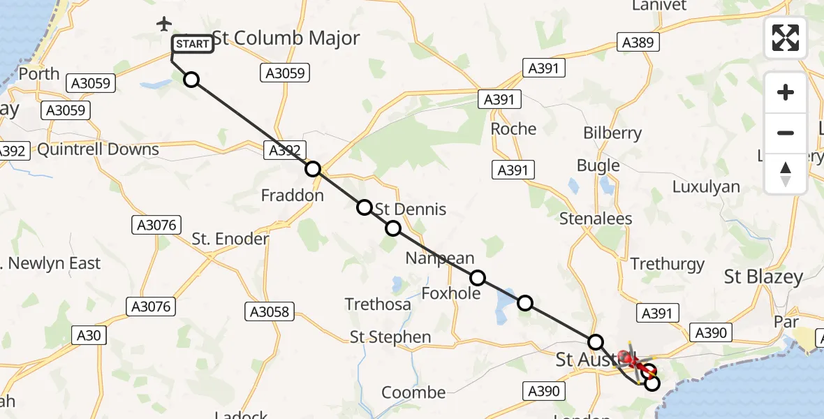 Flight route Air Ambulance Helicopter Cornwall Airport Newquay - St. Austell, 29 May 2026, 13:04
