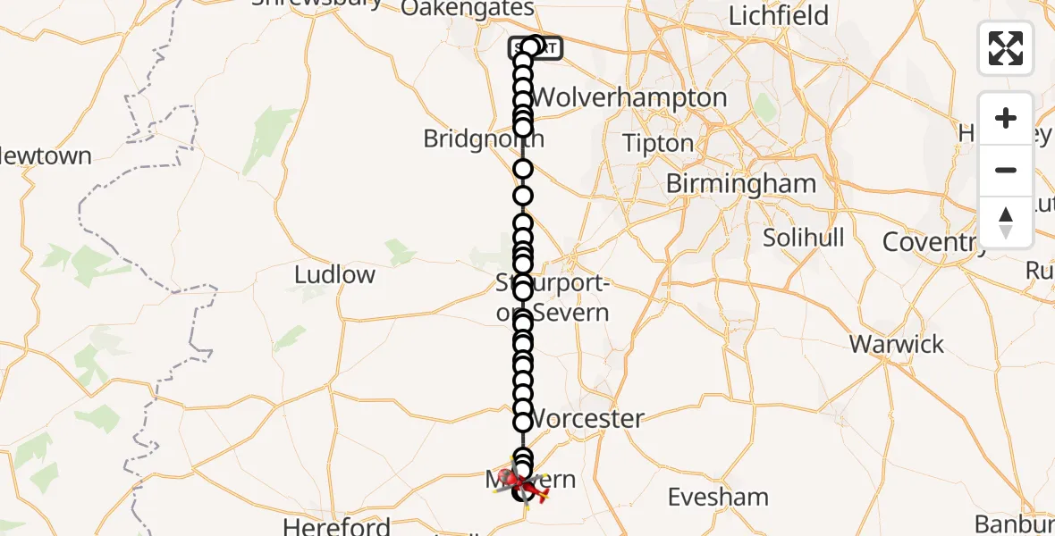 Flight route Air Ambulance Helicopter RAF Cosford - Malvern, 29 May 2026, 13:11