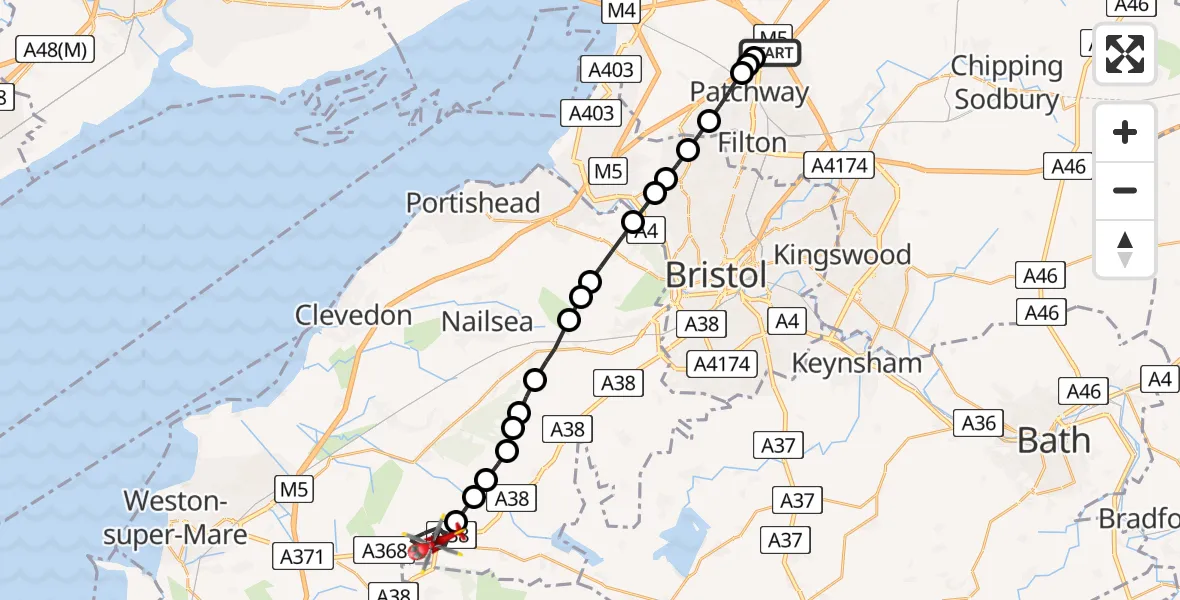 Flight route Air Ambulance Helicopter Almondsbury Helicopter Base - Langford, 29 May 2026, 13:12