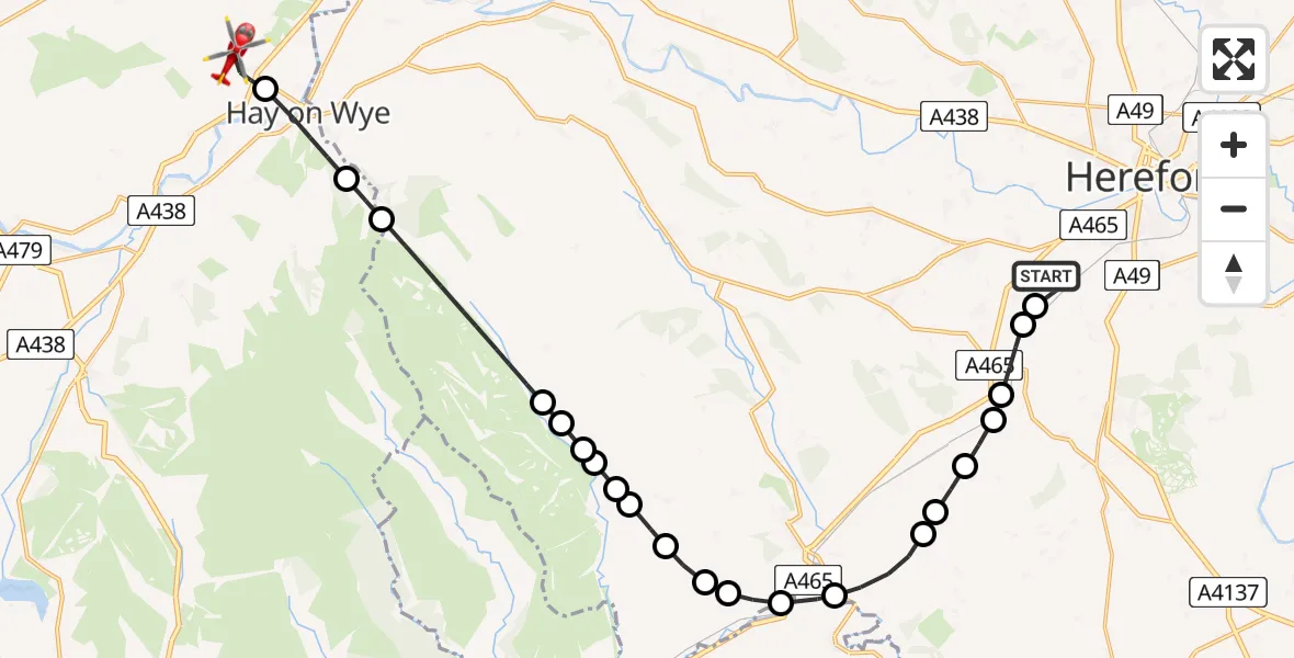 Flight route Air Ambulance Helicopter Broadmeadow Farm Airstrip - Clyro, 29 May 2026, 13:12