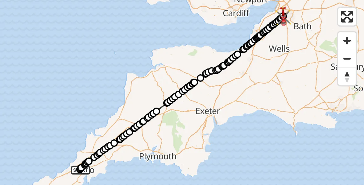 Flight route Air Ambulance Helicopter Treliske Hospital - Bristol Royal Infirmary, 29 May 2026, 13:22