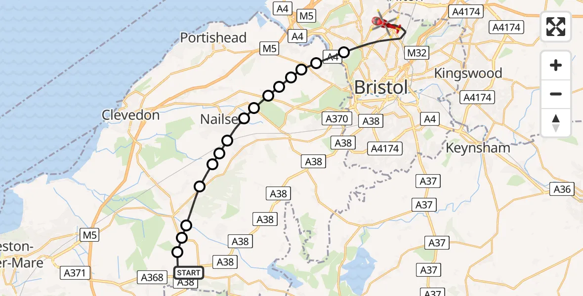 Flight route Air Ambulance Helicopter Langford - Bristol, 29 May 2026, 13:27