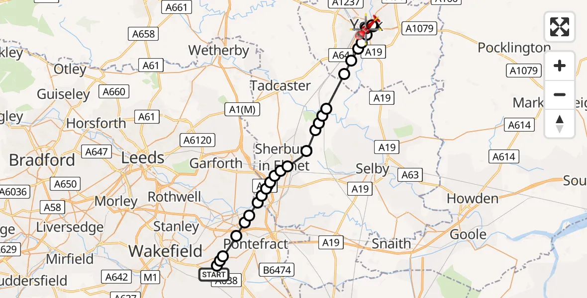 Flight route Air Ambulance Helicopter YAA Nostell Helicopter Port - Bishophill, 29 May 2026, 13:28