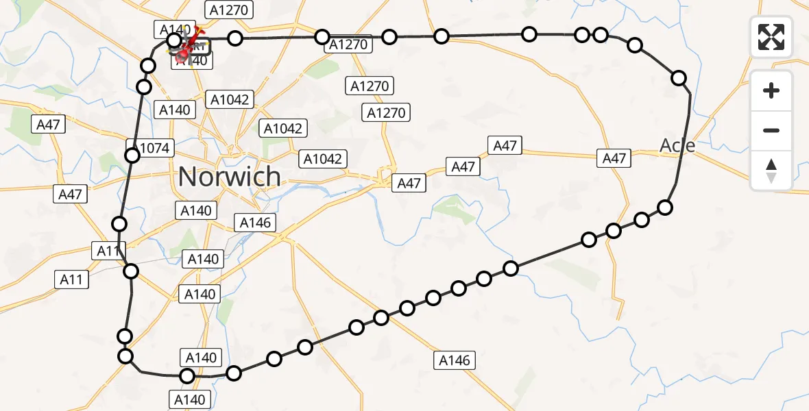 Flight route Air Ambulance Helicopter Norwich Airport - Norwich Airport, 29 May 2026, 13:32