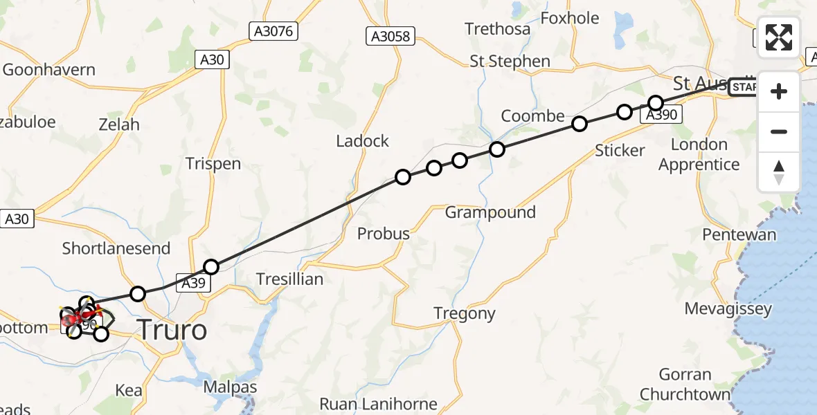 Flight route Air Ambulance Helicopter St. Austell - Treliske Hospital, 29 May 2026, 13:33