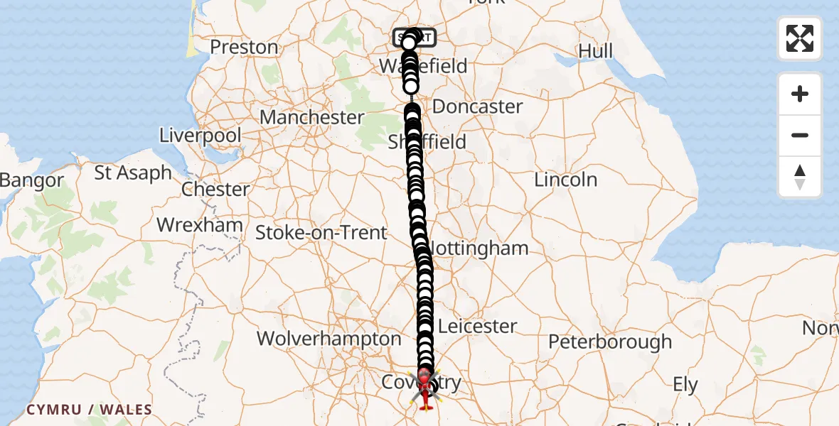 Flight route Air Ambulance Helicopter Woodhouse - Coventry Airport, 29 May 2026, 13:45