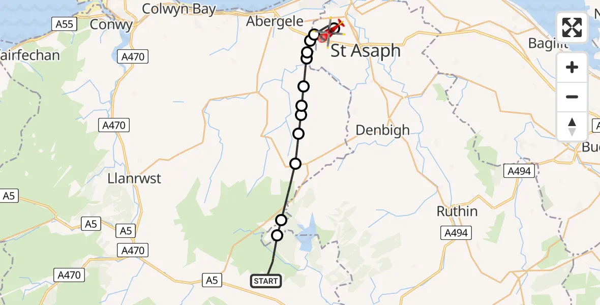 Flight route Air Ambulance Helicopter Cerrigydrudion - St Asaph, 29 May 2026, 13:45