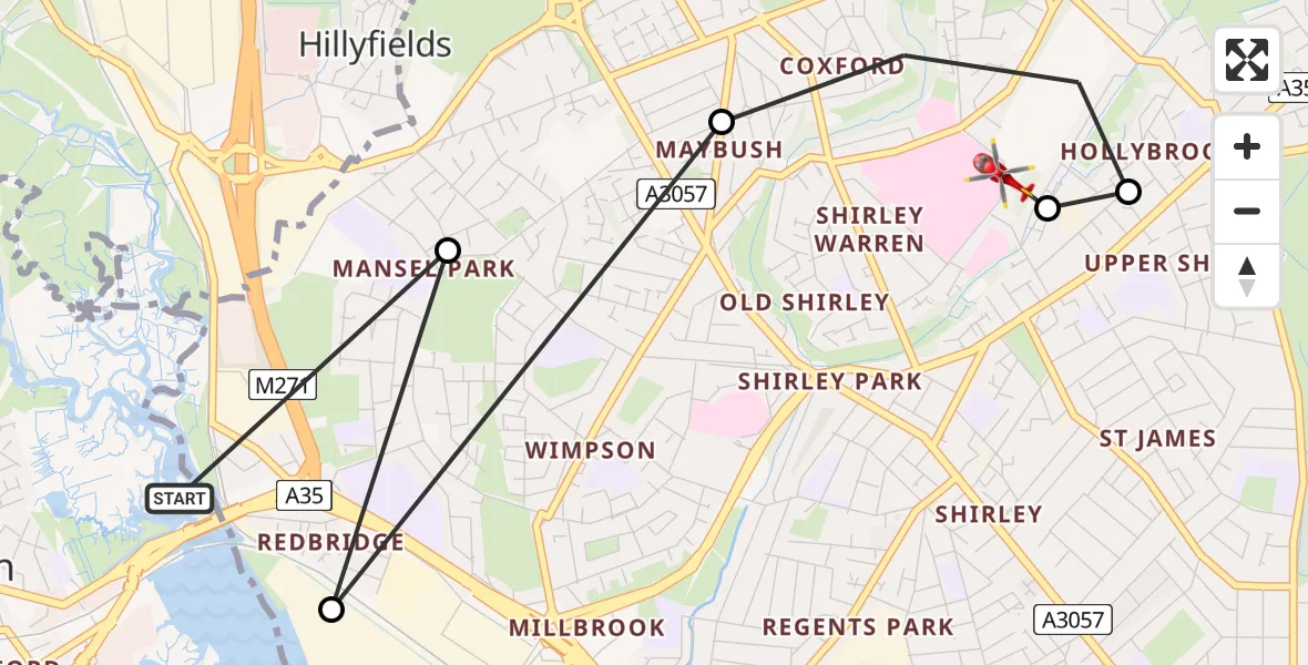Flight route Air Ambulance Helicopter Totton - University Hospital Southampton, 29 May 2026, 13:52