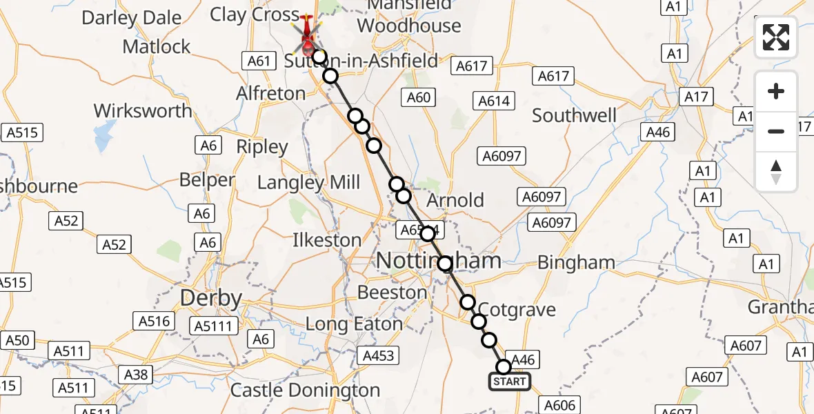 Flight route Air Ambulance Helicopter Widmerpool - Bolsover, 29 May 2026, 13:55