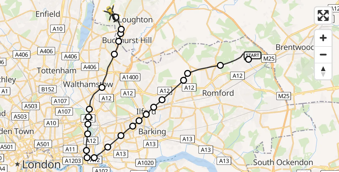 Flight route Police Helicopter Harold Hill - Sewardstonebury, 29 May 2026, 14:04