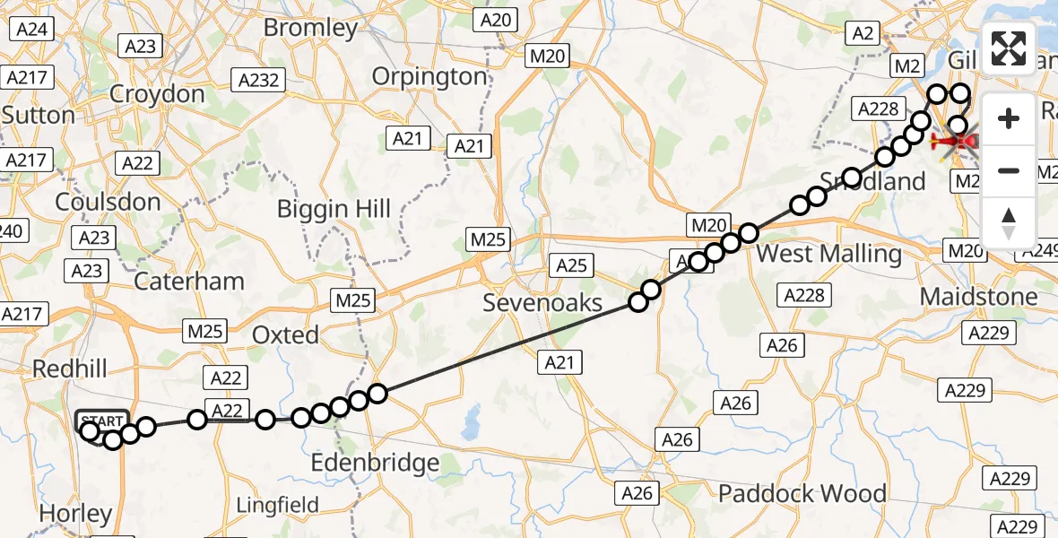 Flight route Air Ambulance Helicopter Redhill Aerodrome - Rochester Airport, 29 May 2026, 14:07