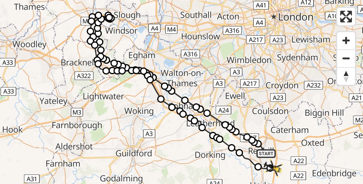 Flight route Police Helicopter Redhill - Tandridge, 29 May 2026, 14:09