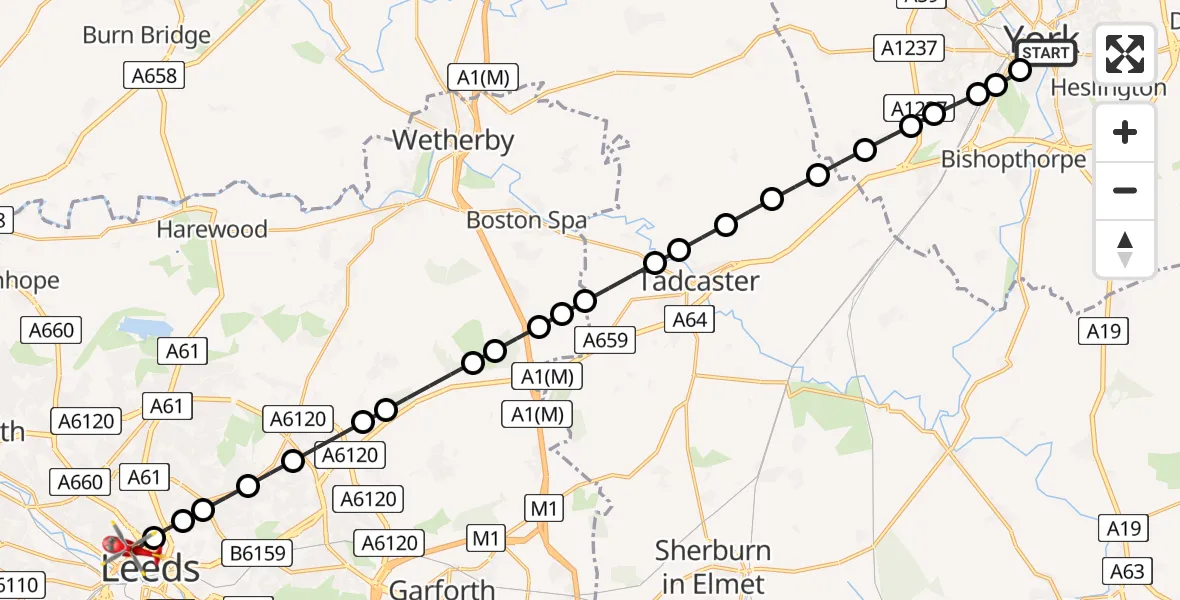 Flight route Air Ambulance Helicopter Bishophill - Woodhouse, 29 May 2026, 14:16