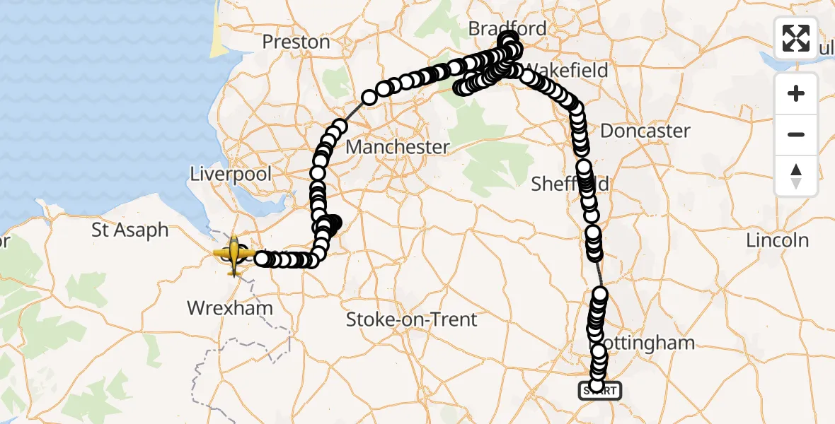 Flight route Police Aircraft East Midlands Airport - Hawarden Airport, 29 May 2026, 14:23