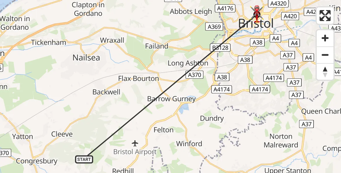 Flight route Air Ambulance Helicopter Wrington - Bristol Royal Infirmary, 29 May 2026, 14:24