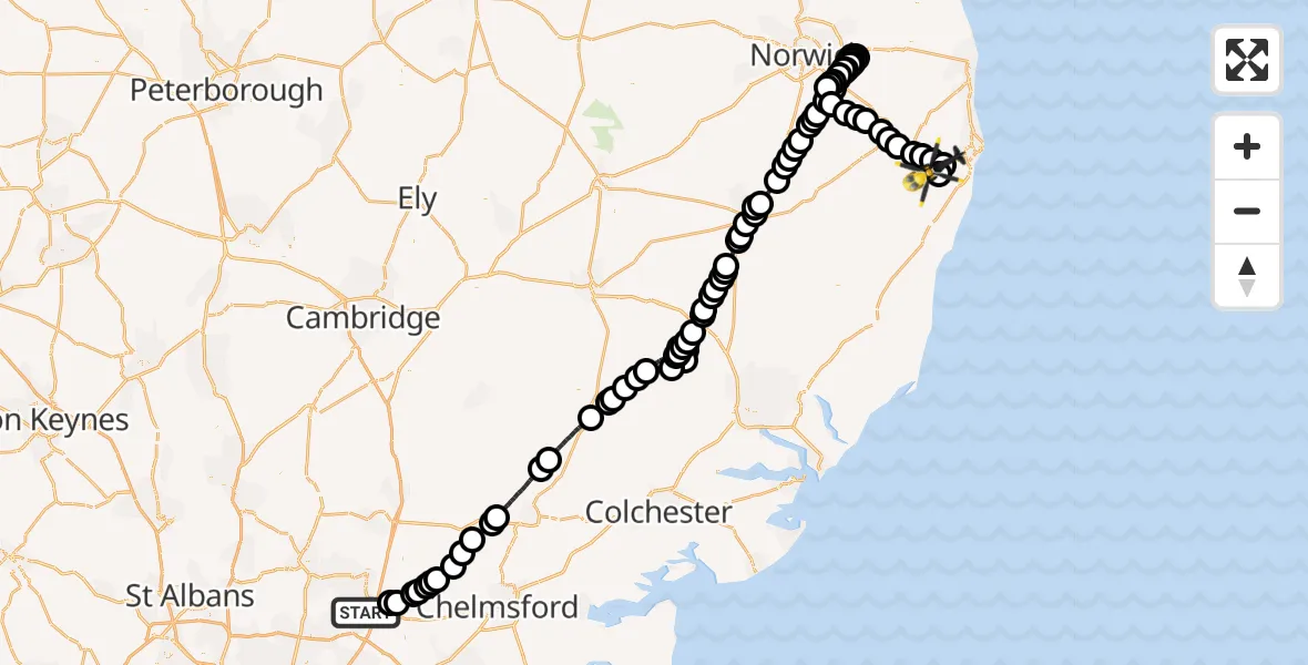 Flight route Police Helicopter North Weald Bassett - North Cove, 29 May 2026, 14:27