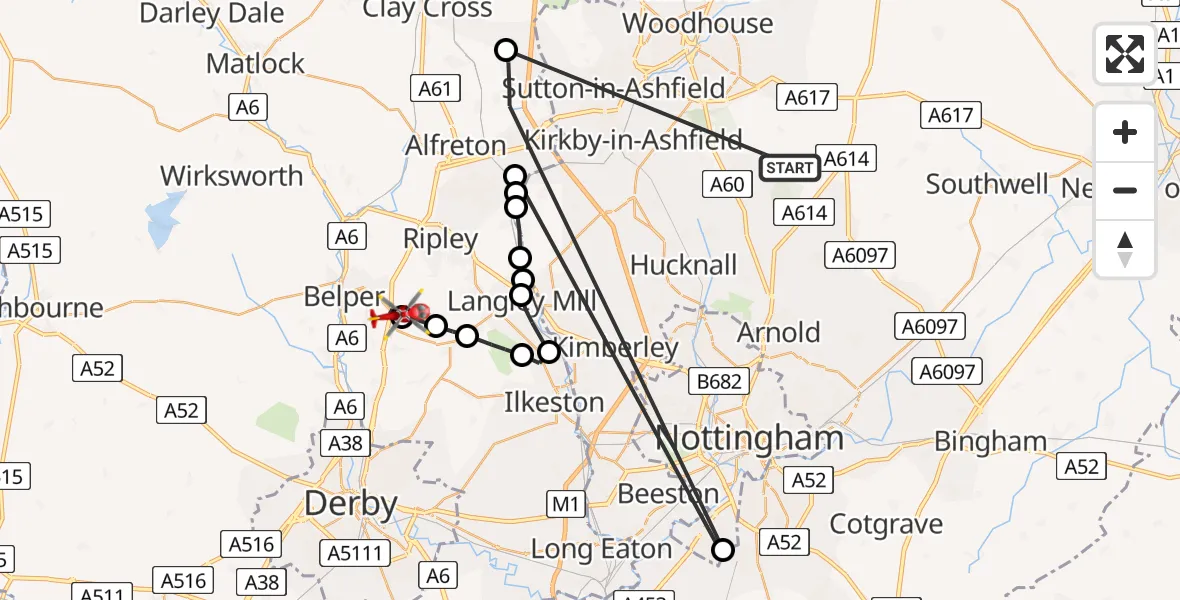 Flight route Air Ambulance Helicopter Blidworth CP - Kilburn CP, 29 May 2026, 14:27