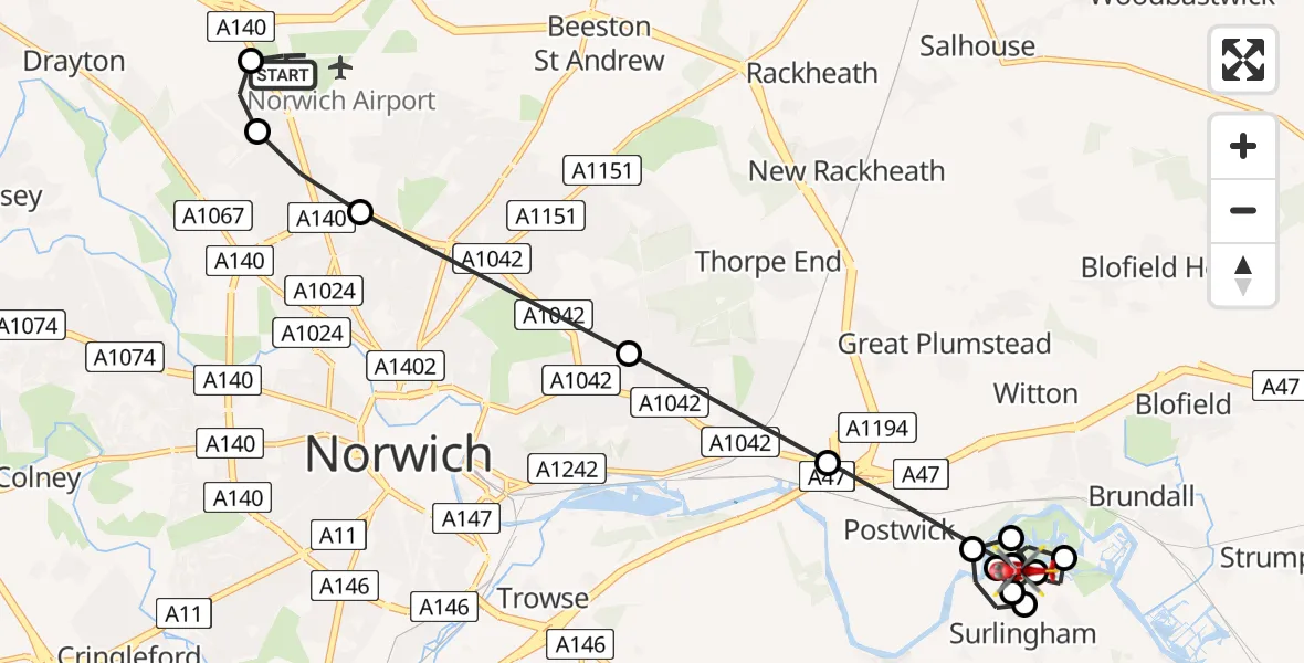 Flight route Air Ambulance Helicopter Norwich Airport - Brundall, 29 May 2026, 14:33