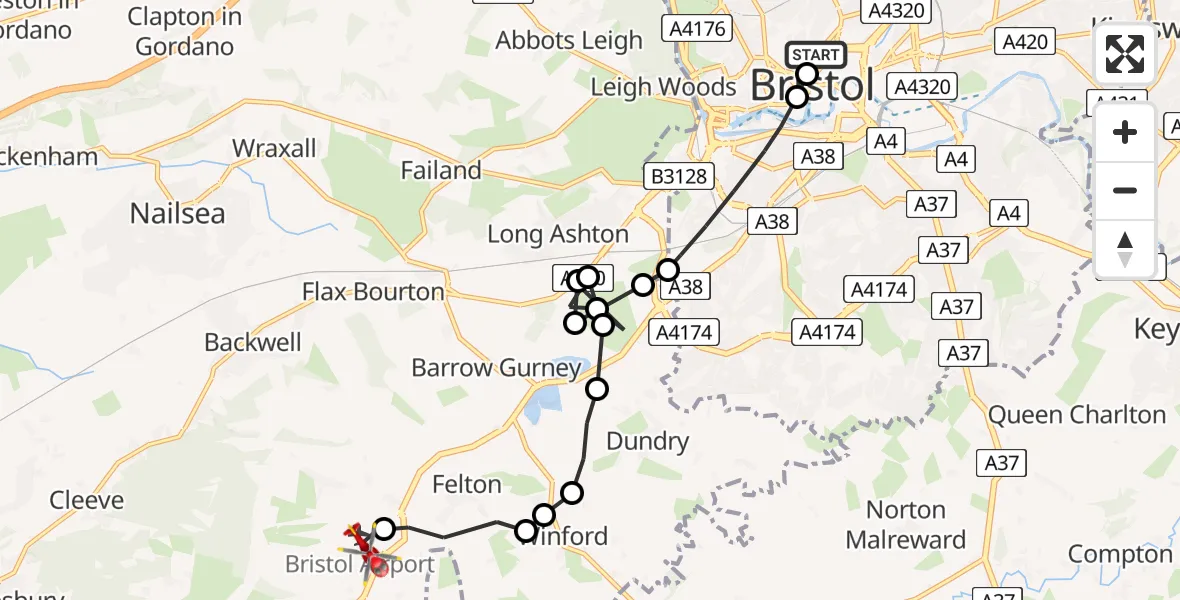 Flight route Air Ambulance Helicopter Bristol Royal Infirmary - Bristol Airport, 29 May 2026, 14:42