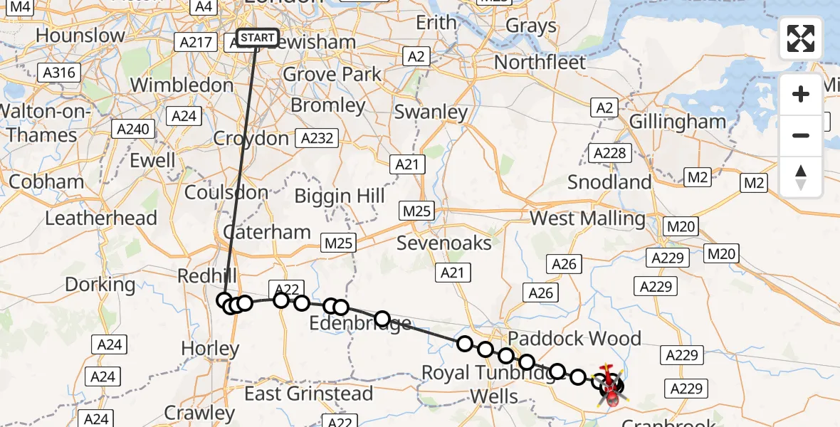Flight route Air Ambulance Helicopter Kings College London Hospital - Horsmonden, 29 May 2026, 14:44