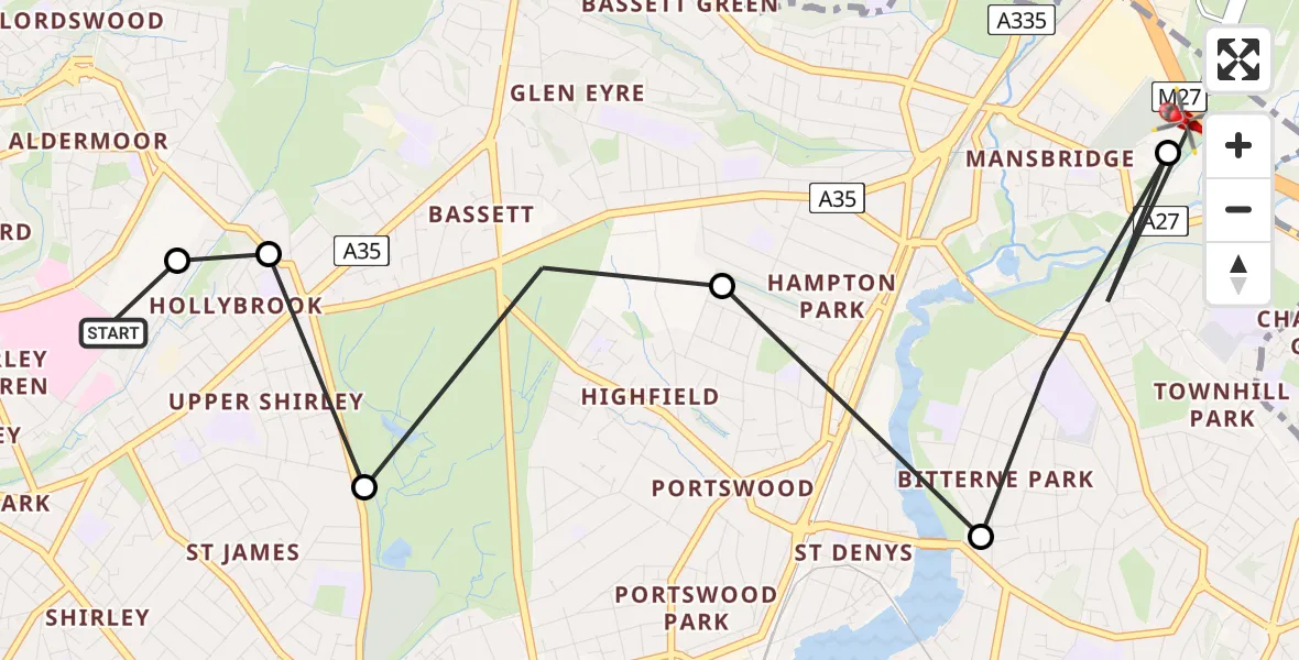 Flight route Air Ambulance Helicopter University Hospital Southampton - Mansbridge, 29 May 2026, 14:48
