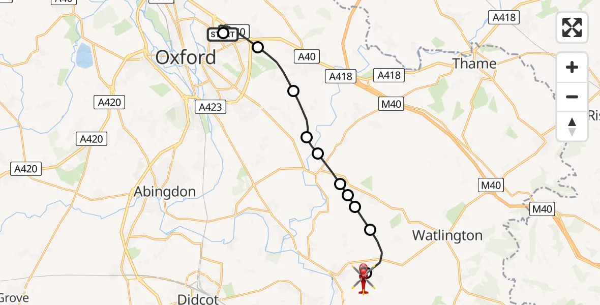 Flight route Air Ambulance Helicopter John Radcliffe Hospital - RAF Benson, 29 May 2026, 14:49