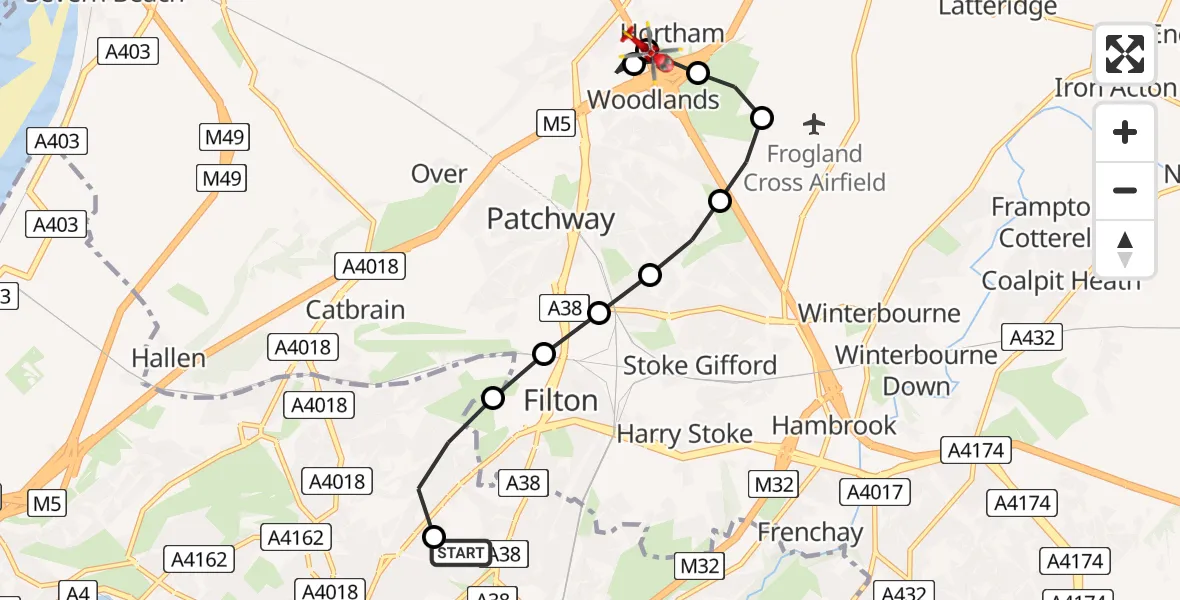 Flight route Air Ambulance Helicopter Southmead Hospital - Hortham, 29 May 2026, 14:55