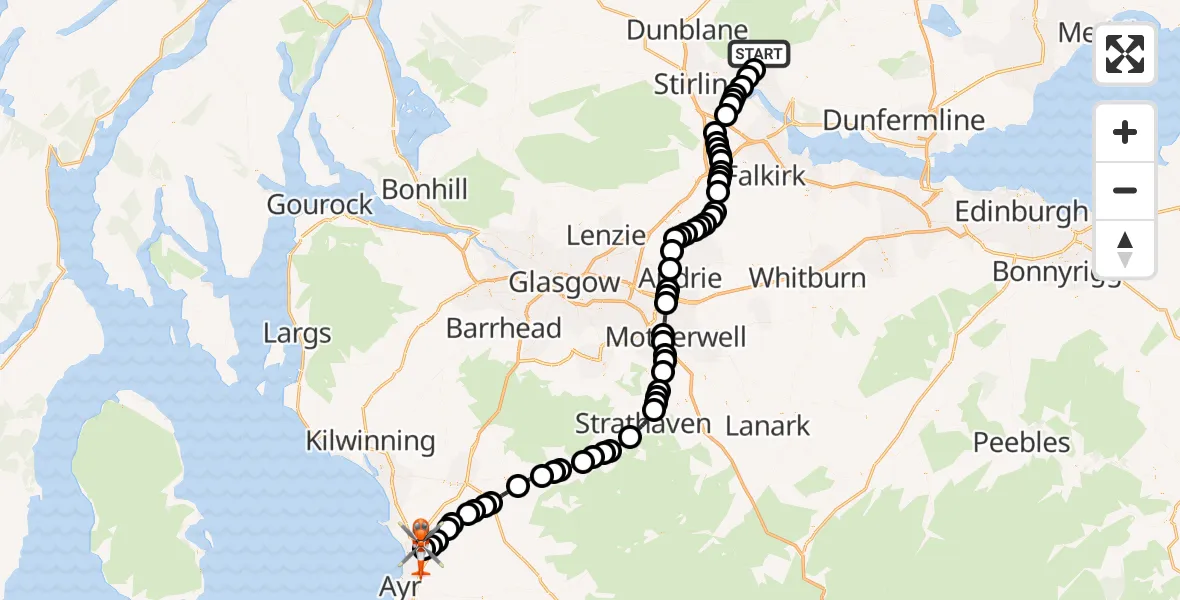 Flight route Coastguard Helicopter Alva - Glasgow Prestwick Airport, 29 May 2026, 15:30