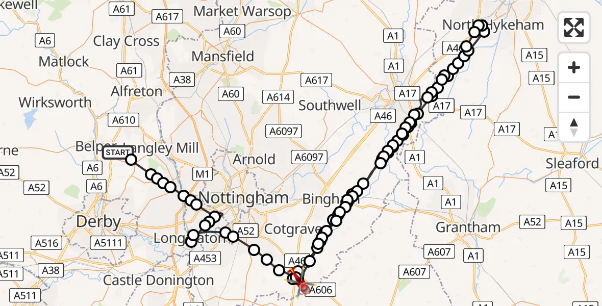 Flight route Air Ambulance Helicopter Denby CP - Nottingham Heliport, 29 May 2026, 15:30